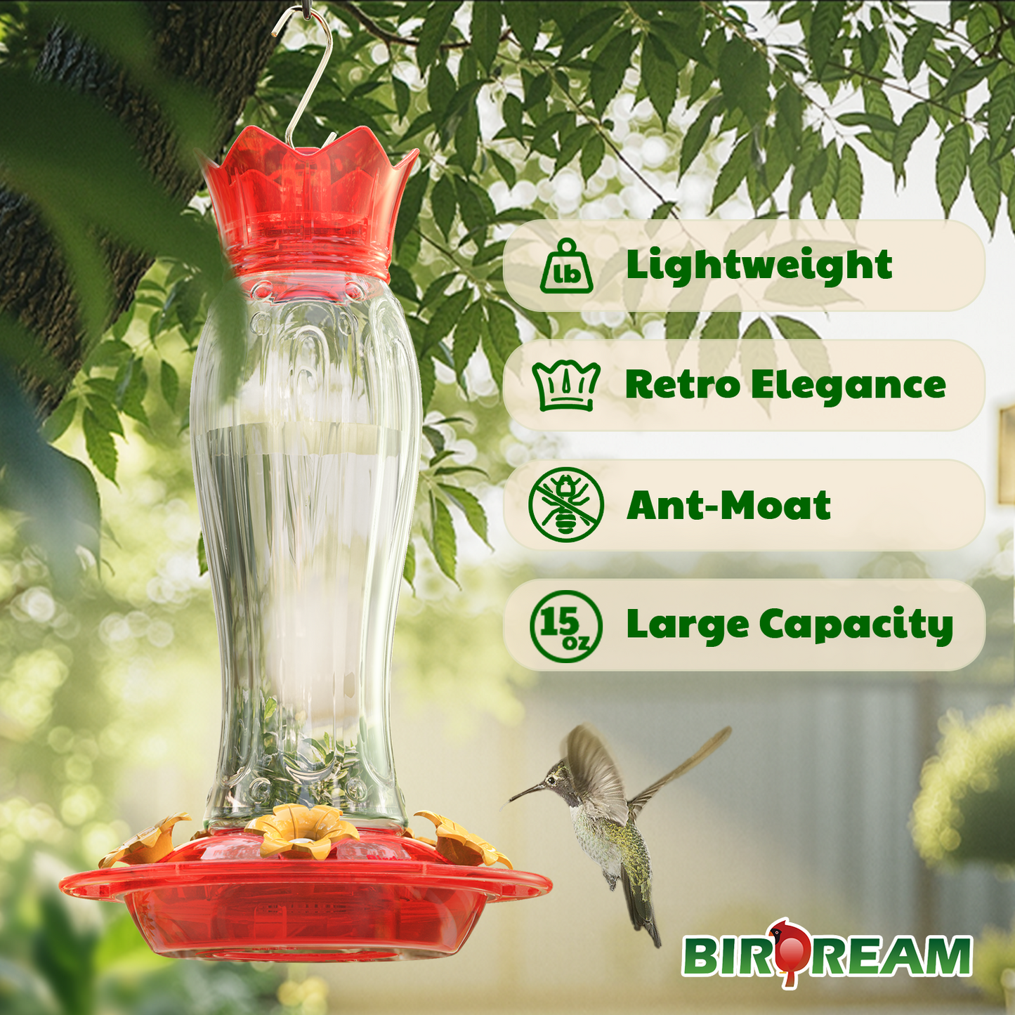 Hanging Hummingbird Feeder, 15oz, Ant Moat, Plastic, Easy to Refill