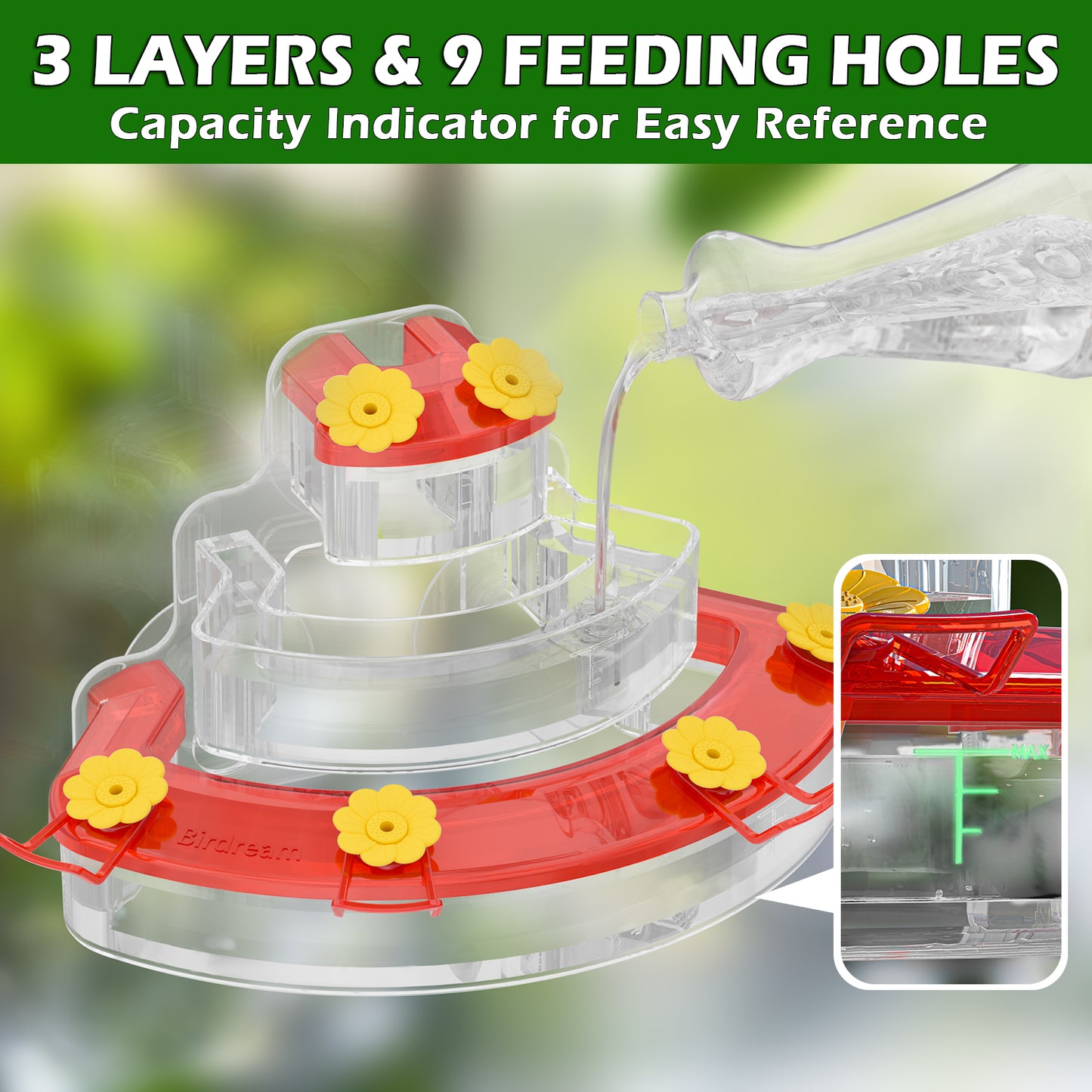 Window Hummingbird Feeders- 10oz, 9 Feeding Ports, with Suction Cups, Plastic