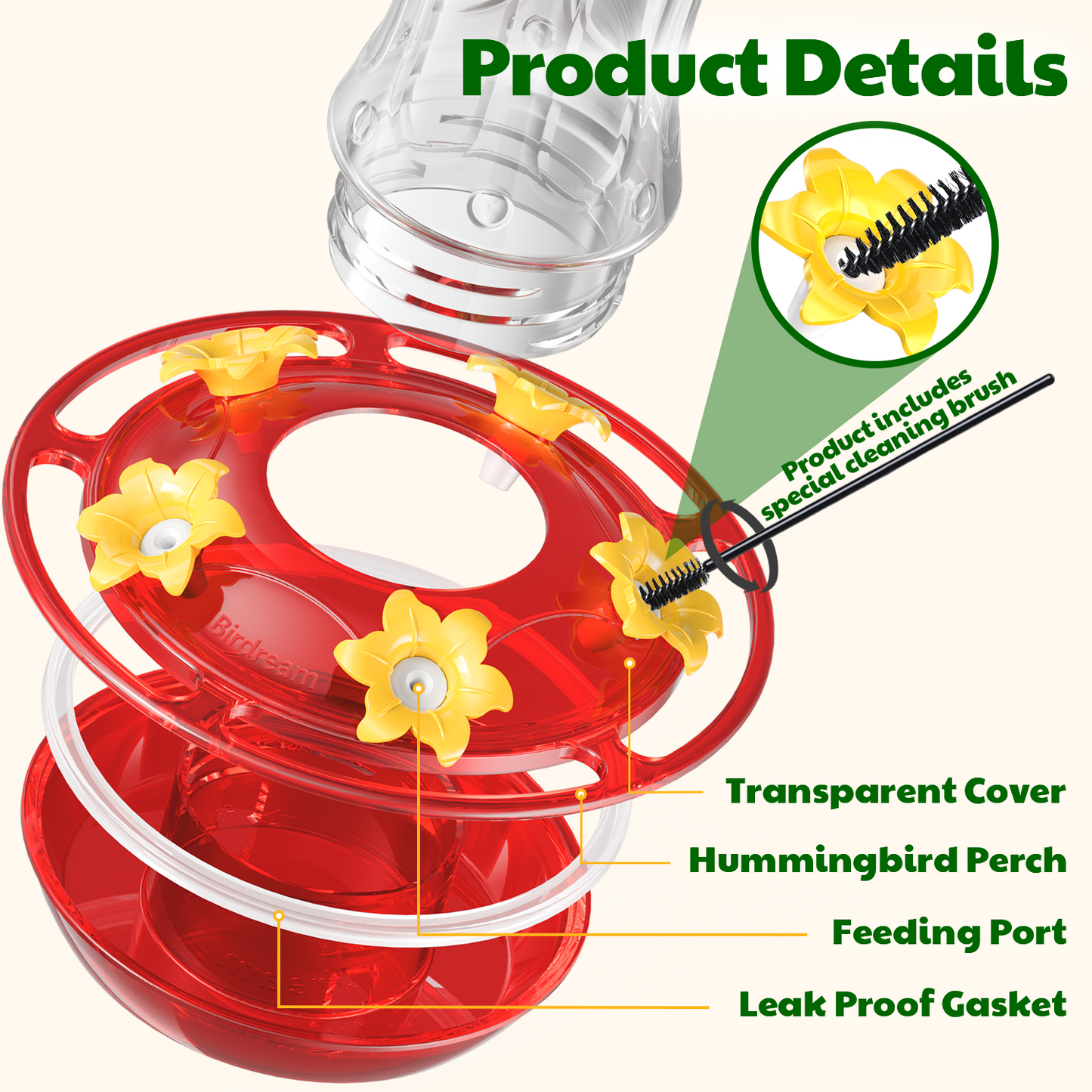 Hanging Hummingbird Feeder, 15oz, Ant Moat, Plastic, Easy to Refill
