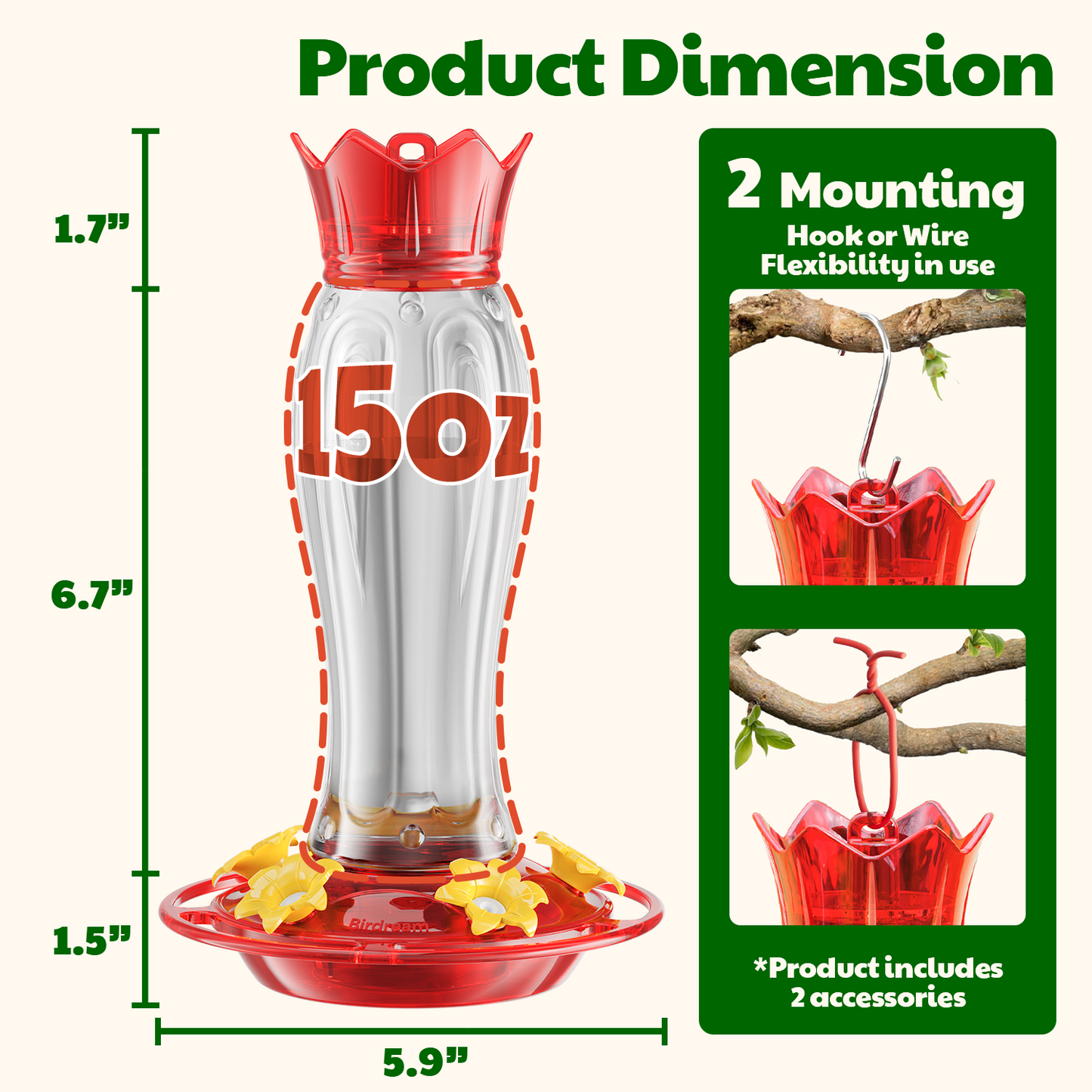 Hanging Hummingbird Feeder, 15oz, Ant Moat, Plastic, Easy to Refill