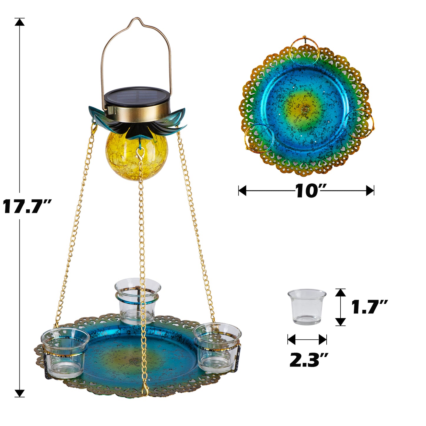 Birdream Solar Bird Feeder for Outside Hanging Metal Tray Wild Bird feeders with 3 Cups for Attracting Birds Decorative Solar Garden Crackle Glass Ball Light for Yard Lawn