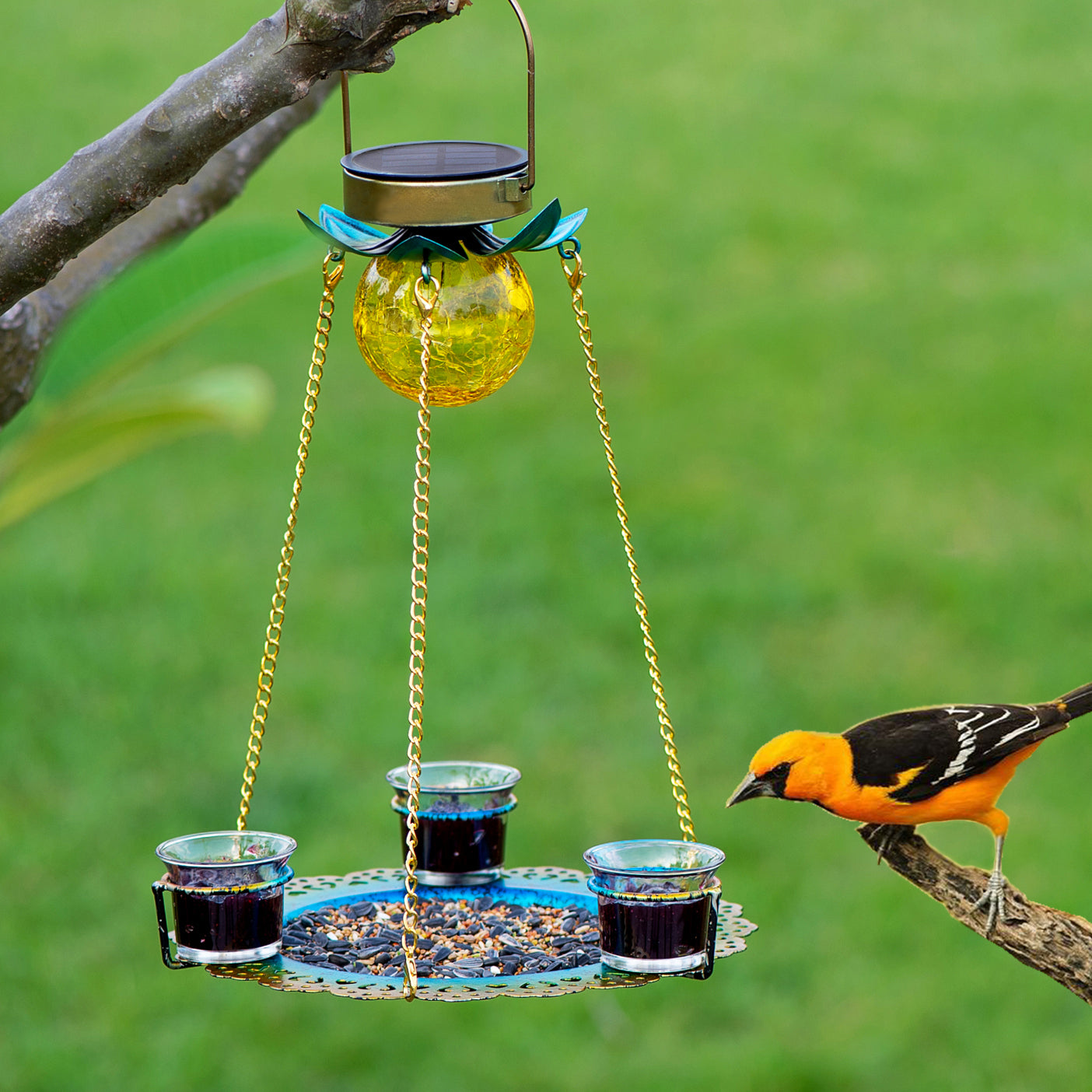 Birdream Solar Bird Feeder for Outside Hanging Metal Tray Wild Bird feeders with 3 Cups for Attracting Birds Decorative Solar Garden Crackle Glass Ball Light for Yard Lawn