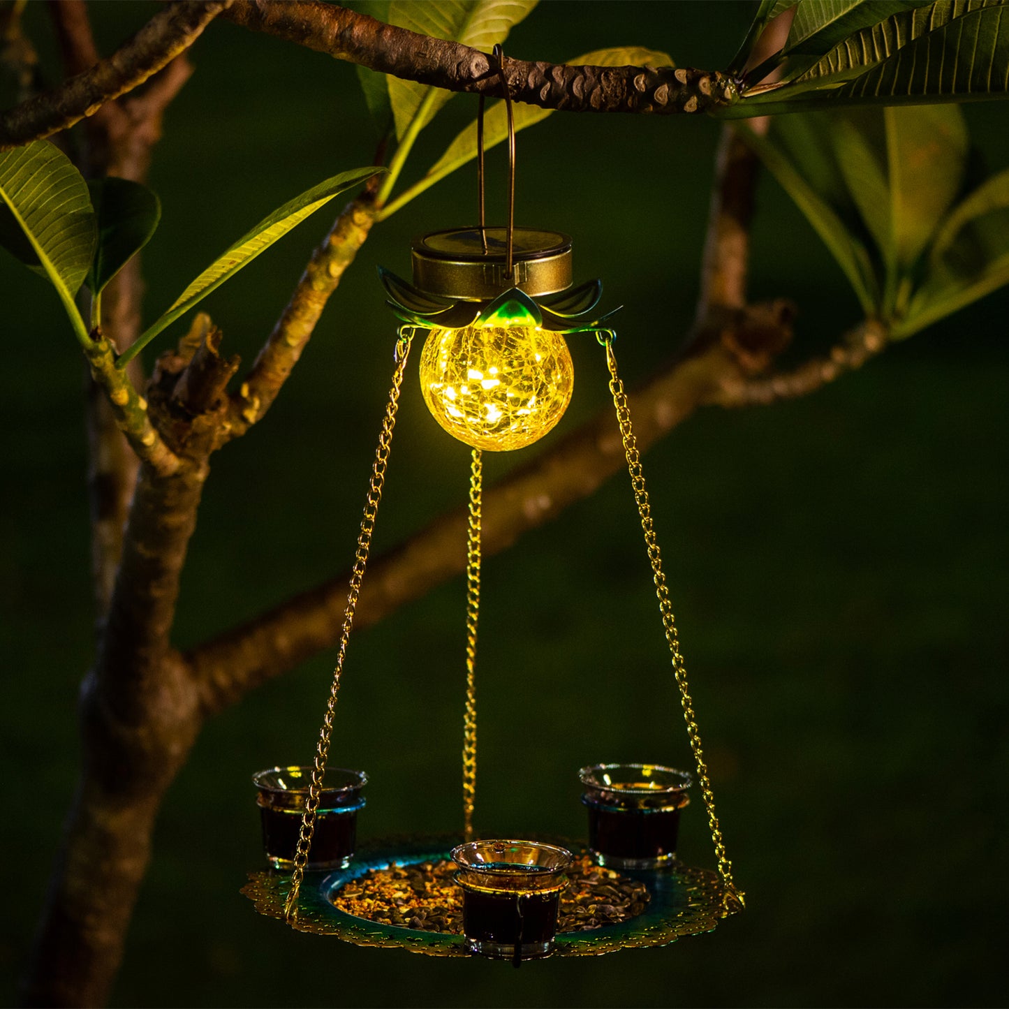 Birdream Solar Bird Feeder for Outside Hanging Metal Tray Wild Bird feeders with 3 Cups for Attracting Birds Decorative Solar Garden Crackle Glass Ball Light for Yard Lawn