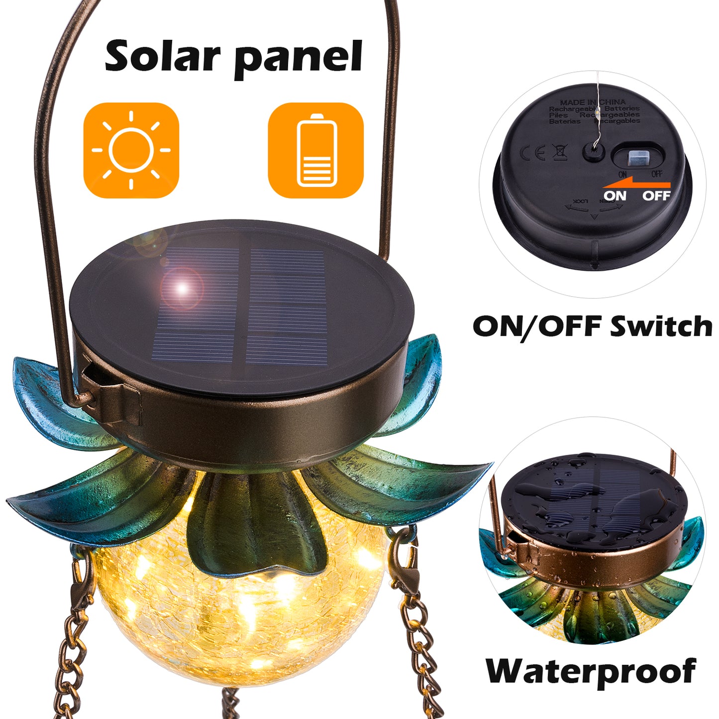 Birdream Solar Bird Feeder for Outside Hanging Metal Tray Wild Bird feeders with 3 Cups for Attracting Birds Decorative Solar Garden Crackle Glass Ball Light for Yard Lawn