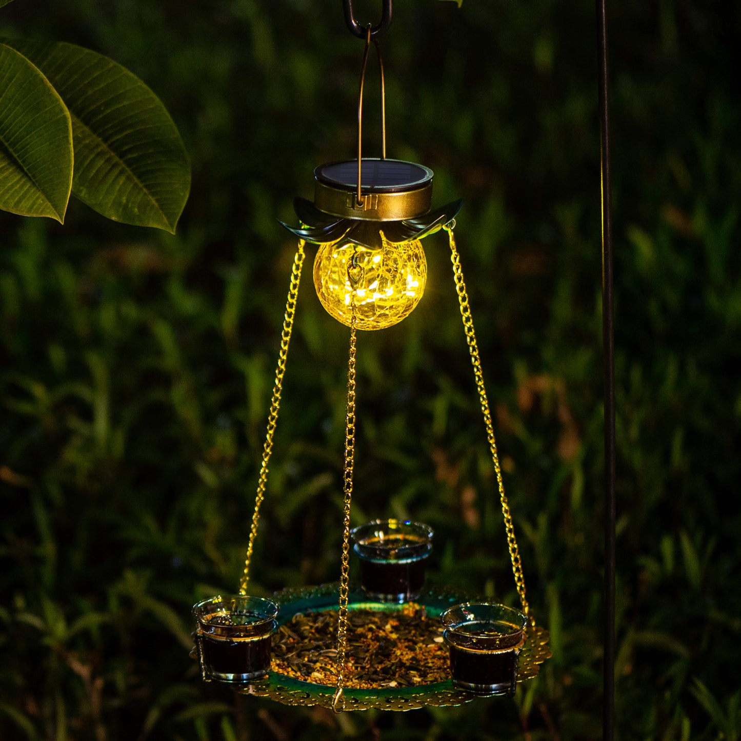 Birdream Solar Bird Feeder for Outside Hanging Metal Tray Wild Bird feeders with 3 Cups for Attracting Birds Decorative Solar Garden Crackle Glass Ball Light for Yard Lawn