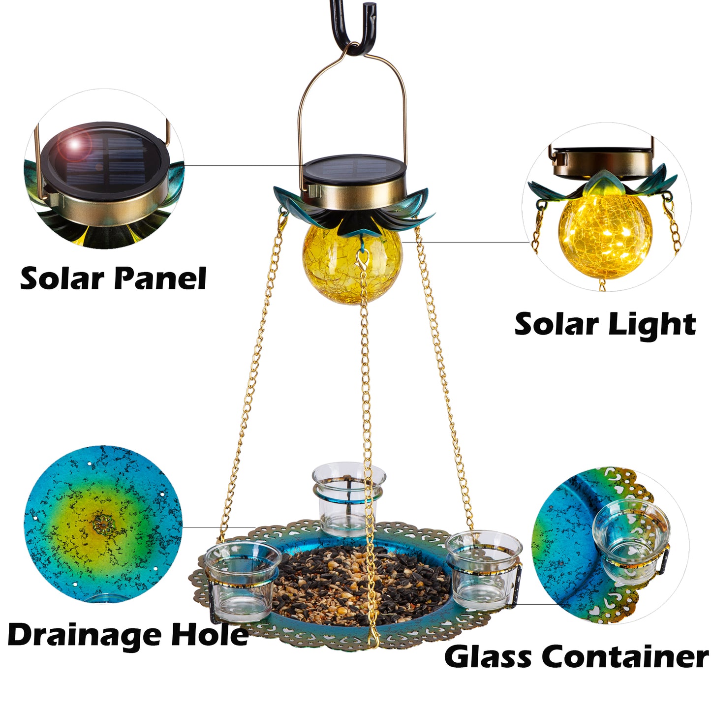 Birdream Solar Bird Feeder for Outside Hanging Metal Tray Wild Bird feeders with 3 Cups for Attracting Birds Decorative Solar Garden Crackle Glass Ball Light for Yard Lawn