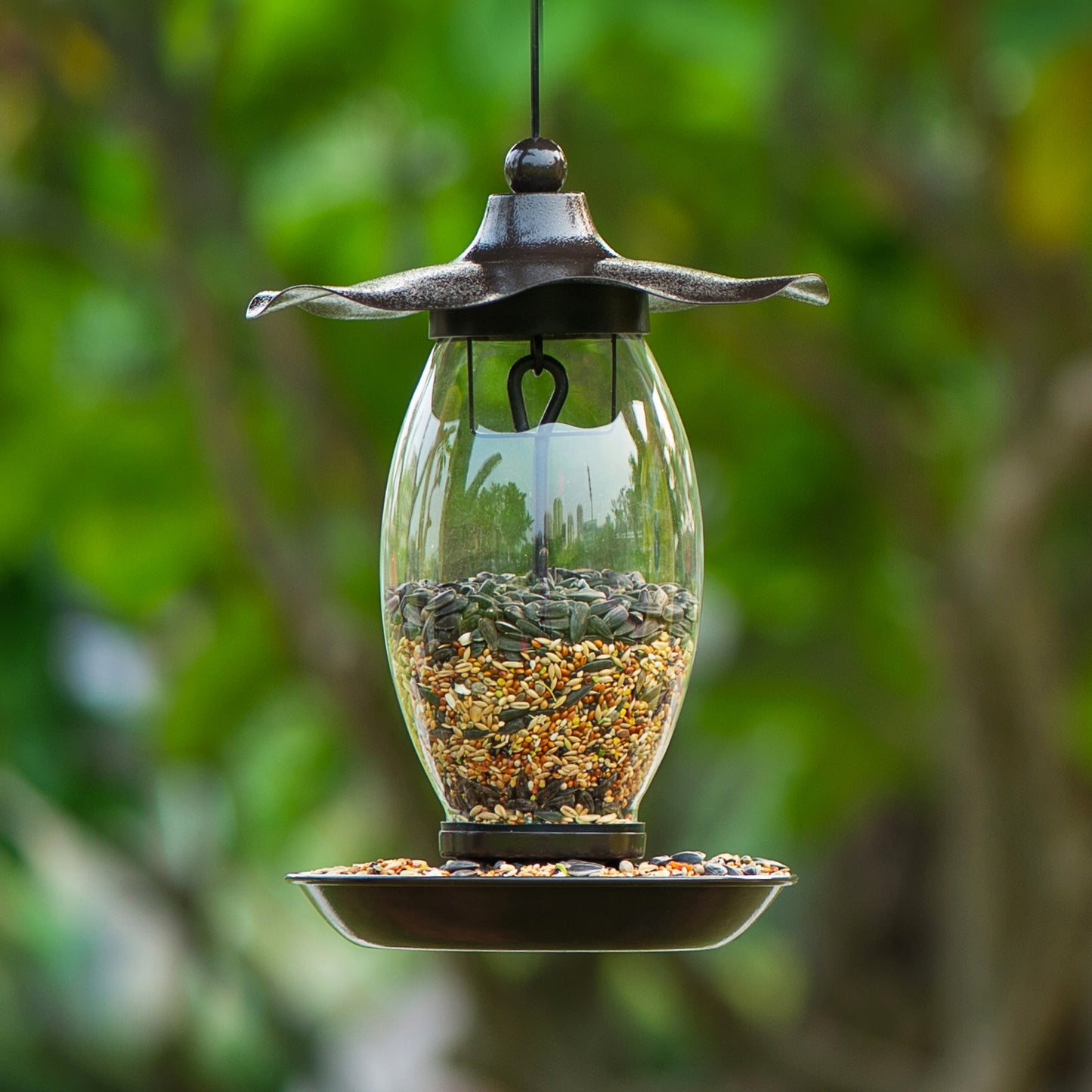 Birdream Bird Feeder for Outside Hanging Glass Wild Black Heavy Duty Metal Wavy Design Bird Feeders with 1.5 lb Bird Seed Capacity Unique Art Decor for Garden Yard Lawn