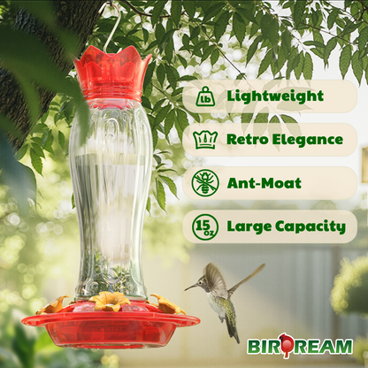 Hanging Hummingbird Feeder, 15oz, Ant Moat, Plastic, Easy to Refill