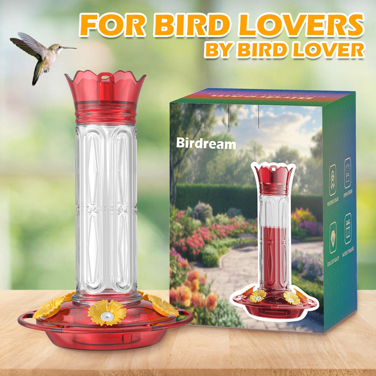 Hanging Hummingbird Feeder, 10oz, Ant Moat, Plastic, Easy to Refill