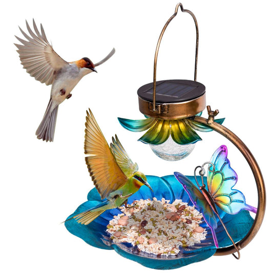 Solar Bird Feeder for Outside Hanging Wild Birdfeeders Seed Tray Outdoor Solar Powered Garden Light Metal Butterfly Decorative LED Landscape Lighting Waterproof 10.6 Inch Dia for Yard