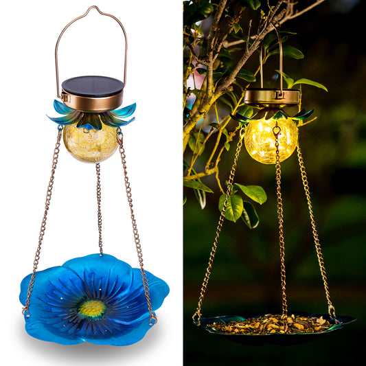 Birdream Solar Bird Feeder for Outside Hanging Metal Platform Wild Bird Seed Feeder Tray Crackle Glass Ball Light Outdoor Waterproof Garden Yard Decoration…