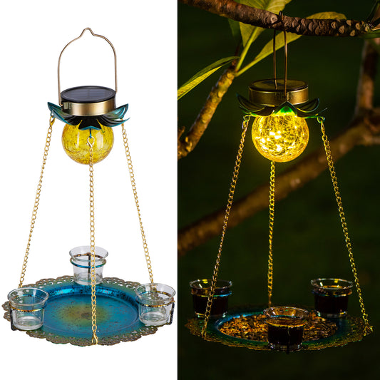 Birdream Solar Bird Feeder for Outside Hanging Metal Tray Wild Bird feeders with 3 Cups for Attracting Birds Decorative Solar Garden Crackle Glass Ball Light for Yard Lawn