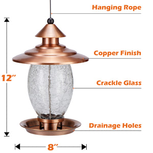 Birdream Bird Feeder Outdoor Hanging for Wild Metal Bird Feeder with Crackle Glass Copper Brush Finish Bird Feeders for Garden Yard Outside Decoration